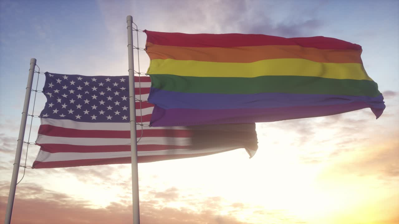 ondeando la bandera nacional de los ee.uu. y el fondo de la bandera arco iris lgbt