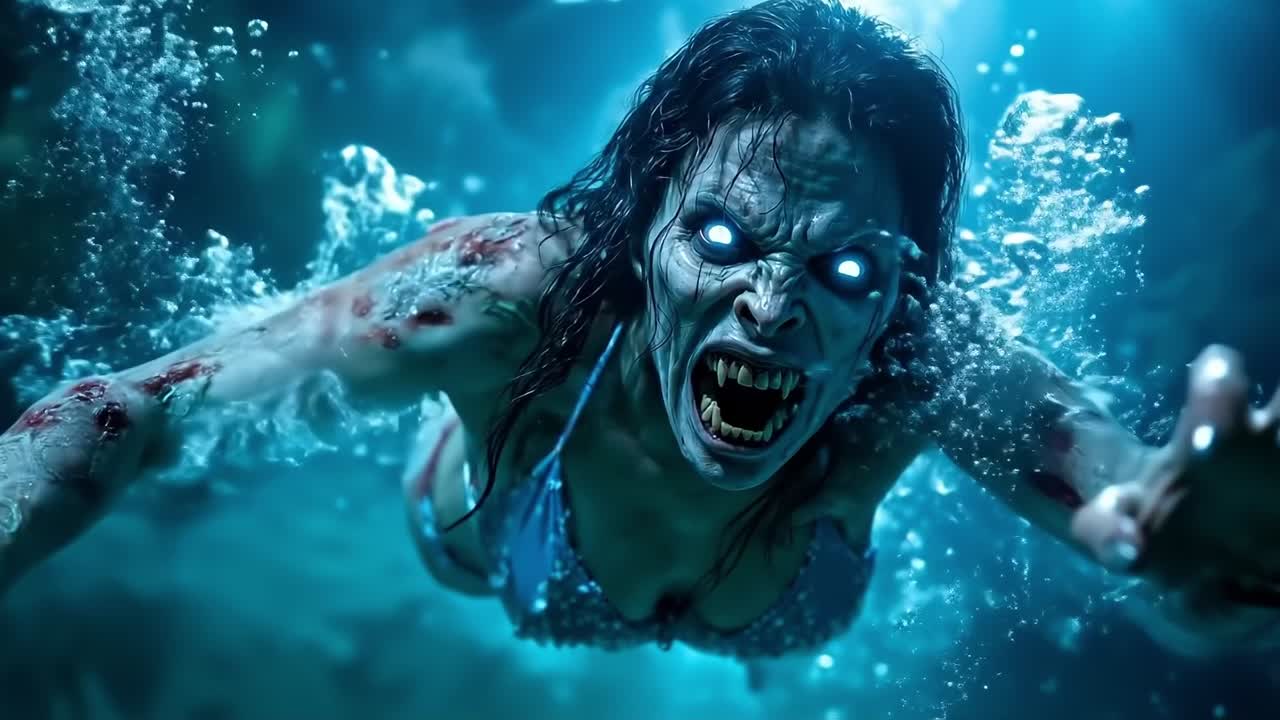 Una donna in bikini che nuota in acqua con la bocca aperta