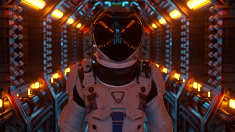 astronauta en un corredor de una nave espacial