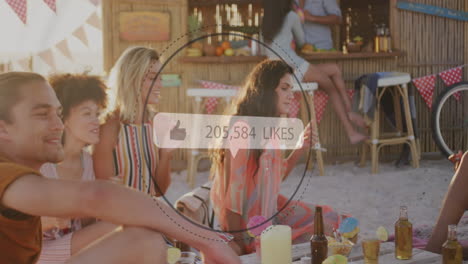 animation of speech bubble with thumbs up icon and numbers over friends having party on beach