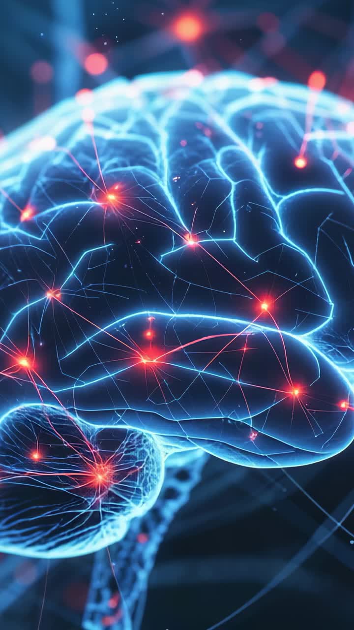 Vertical video: Lighting brain red nodes and tracing filaments in digital space with blue network