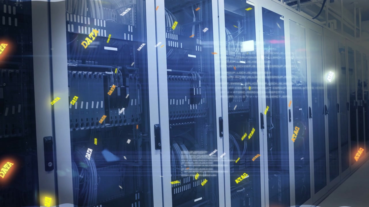 Server racks lining server room, camera panning causing glowing labels showing network traffic