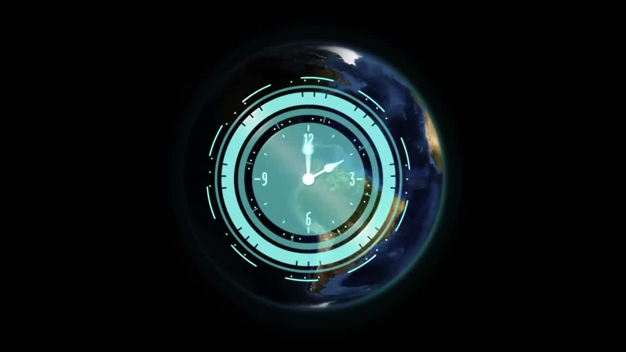 Animación de reloj en movimiento y relámpagos sobre el globo en fondo negro