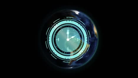 animación de reloj en movimiento y relámpago sobre el globo sobre fondo negro