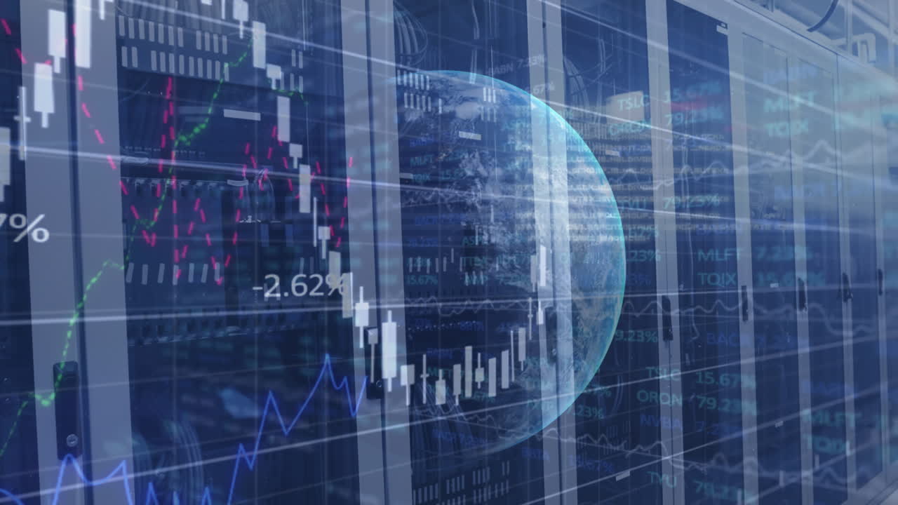 animación digital del procesamiento de datos financieros a través de un servidor informático contra un globo en el fondo