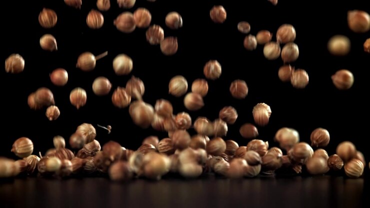 Coriander Seeds Falling and Bouncing on a Black Surface in Slow Motion