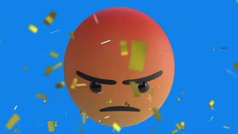 digital animation of golden confetti falling over angry face emoji against blue background