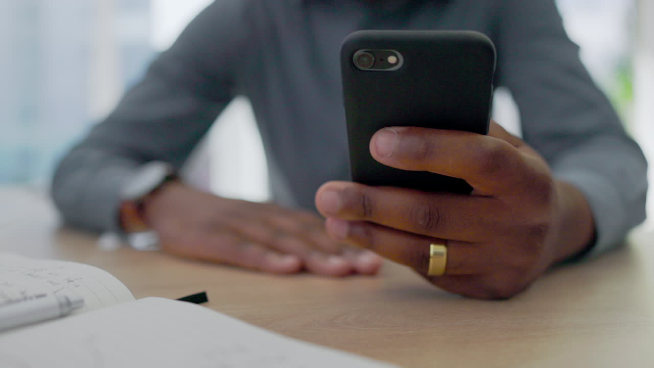 Black man, hands and typing with phone