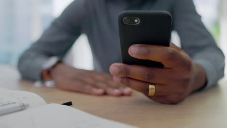 black man, hands and typing with phone