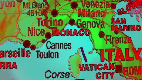 close-up of a map showing italy and surrounding european countries
