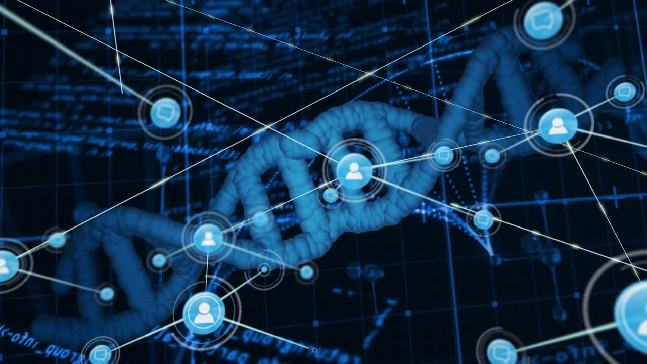 Animation of DNA strand with network connections in scientific data visualization