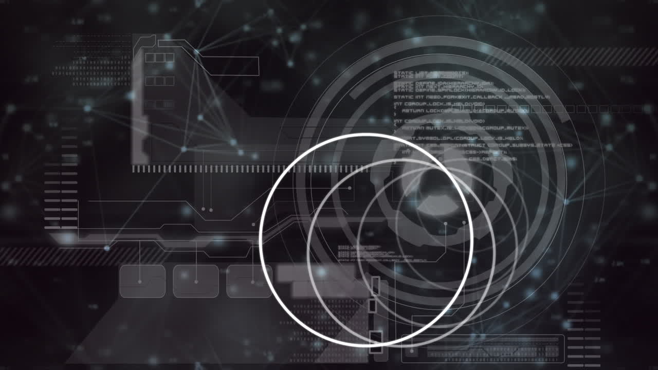 animación de círculos blancos que se mueven sobre la interfaz digital con procesamiento de datos en negro