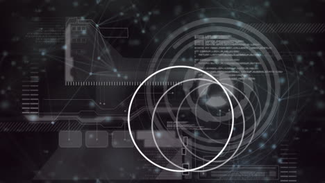 Animation of white circles moving over digital interface with data processing on black