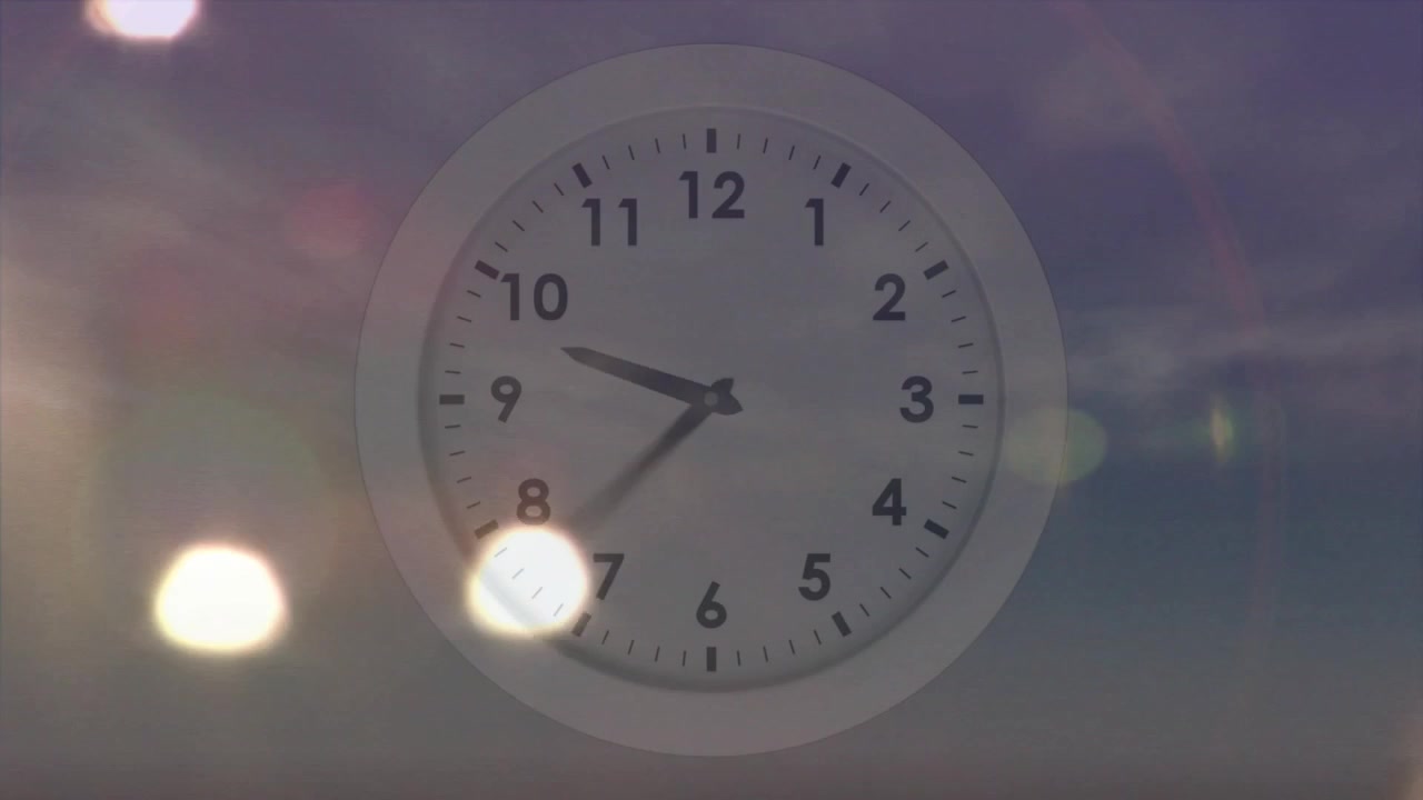 Jarum jam analog berputar setelah kilatan bokeh, render 3D menunjukkan waktu yang berlalu cepat dari malam hingga fajar.