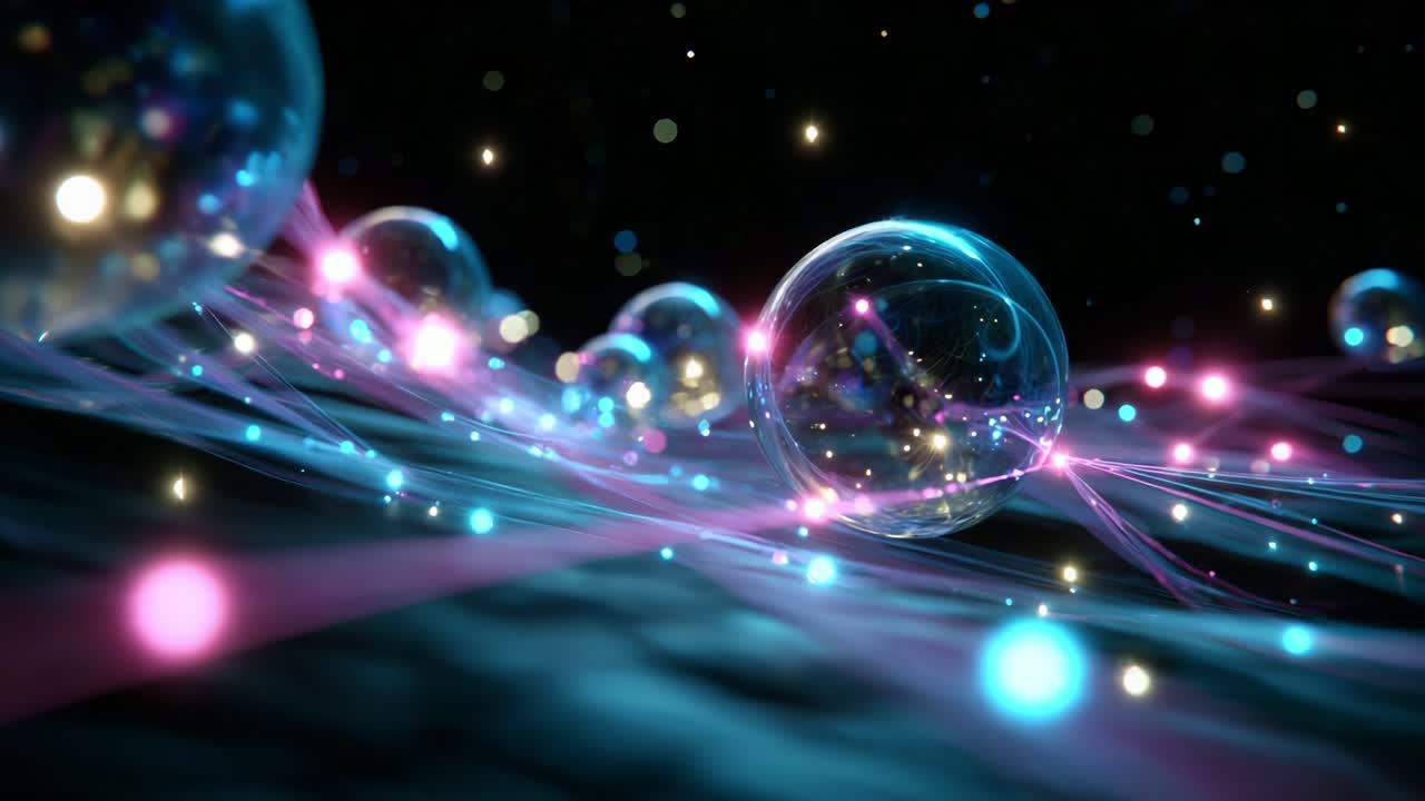 Captivating Visual Synthesis of Ethereal Spheres Adorned with Multicolored Light Trails, Blending a Dreamlike Aesthetic with Cosmic Elements in an Explosive Display of Vibrant Colors and Motion