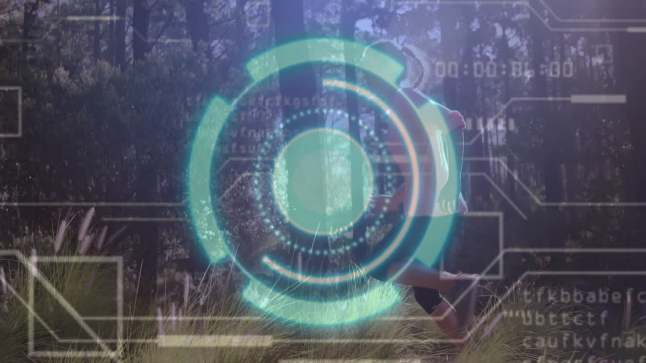 female athlete sprinting through forest trail, showcasing fitness technology HUD panels and code