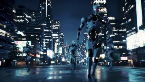 a futuristic cityscape showcasing advanced autonomous robots in motion, highlighting the intersection of technology and urban life at night in a vibrant metropolis