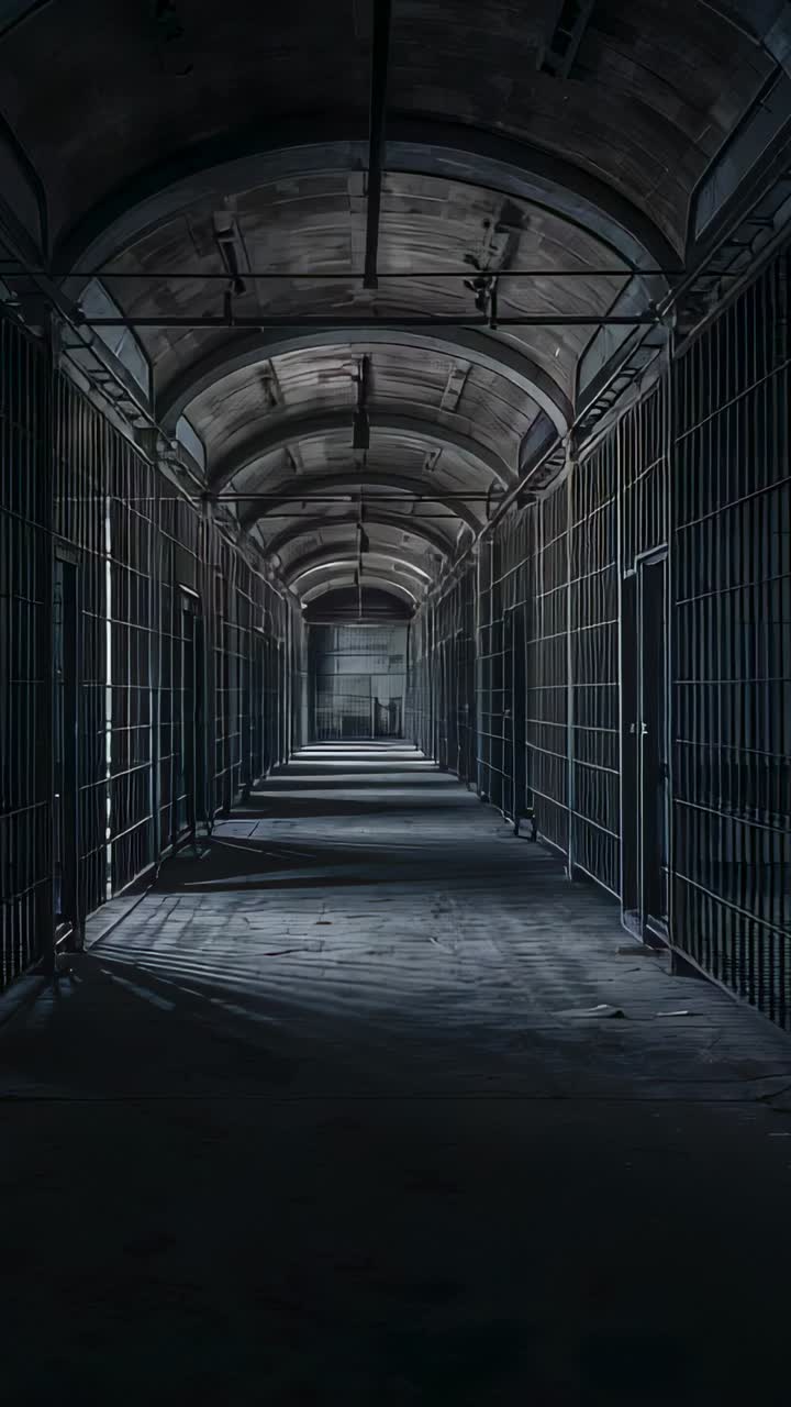 Vertical video: Shifting light down prison hall, casting shadow bands across floor past metal bars