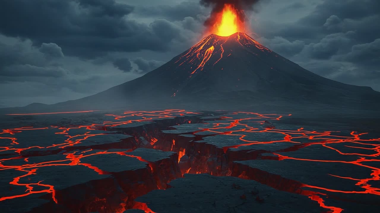 A Powerful Volcanic Eruption: Witness the Fiery Eruption and Flow of Lava from a Majestic Volcano Surrounded by Cracked Terrain and Dark, Ominous Skies