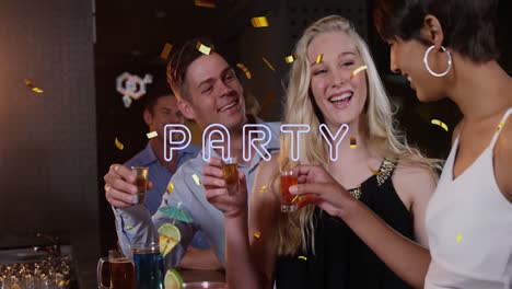 animation of party text over diverse friends in bar