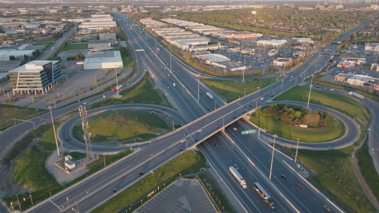 The highway 401 interchange in mississauga, canada, captured in slow motion, aerial view