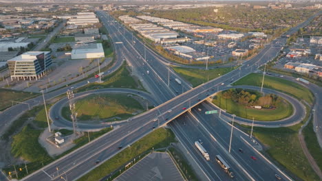 the highway 401 interchange in mississauga, canada, captured in slow motion, aerial view