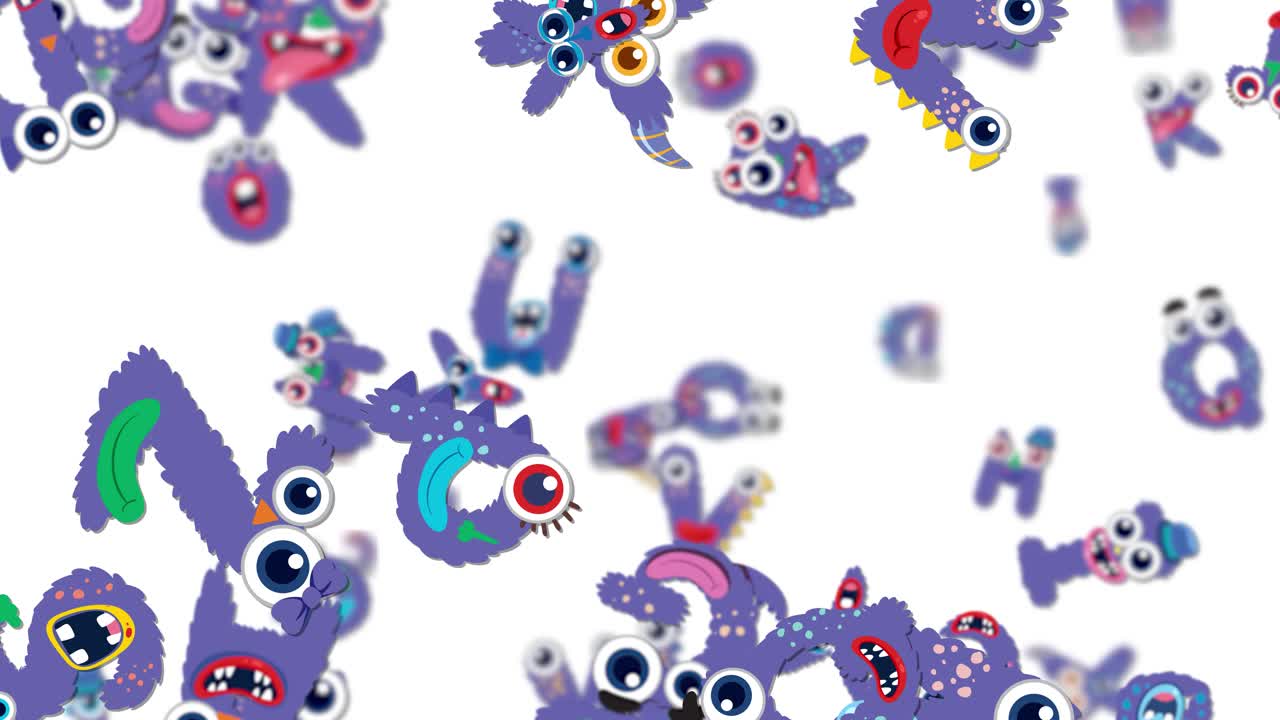 Vibrant, playful creatures cascade in a dynamic, fluid motion against a white backdrop, creating a lively, whimsical atmosphere