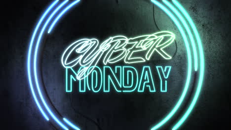 Cyber-Monday-with-neon-frame-in-night-city-on-wall