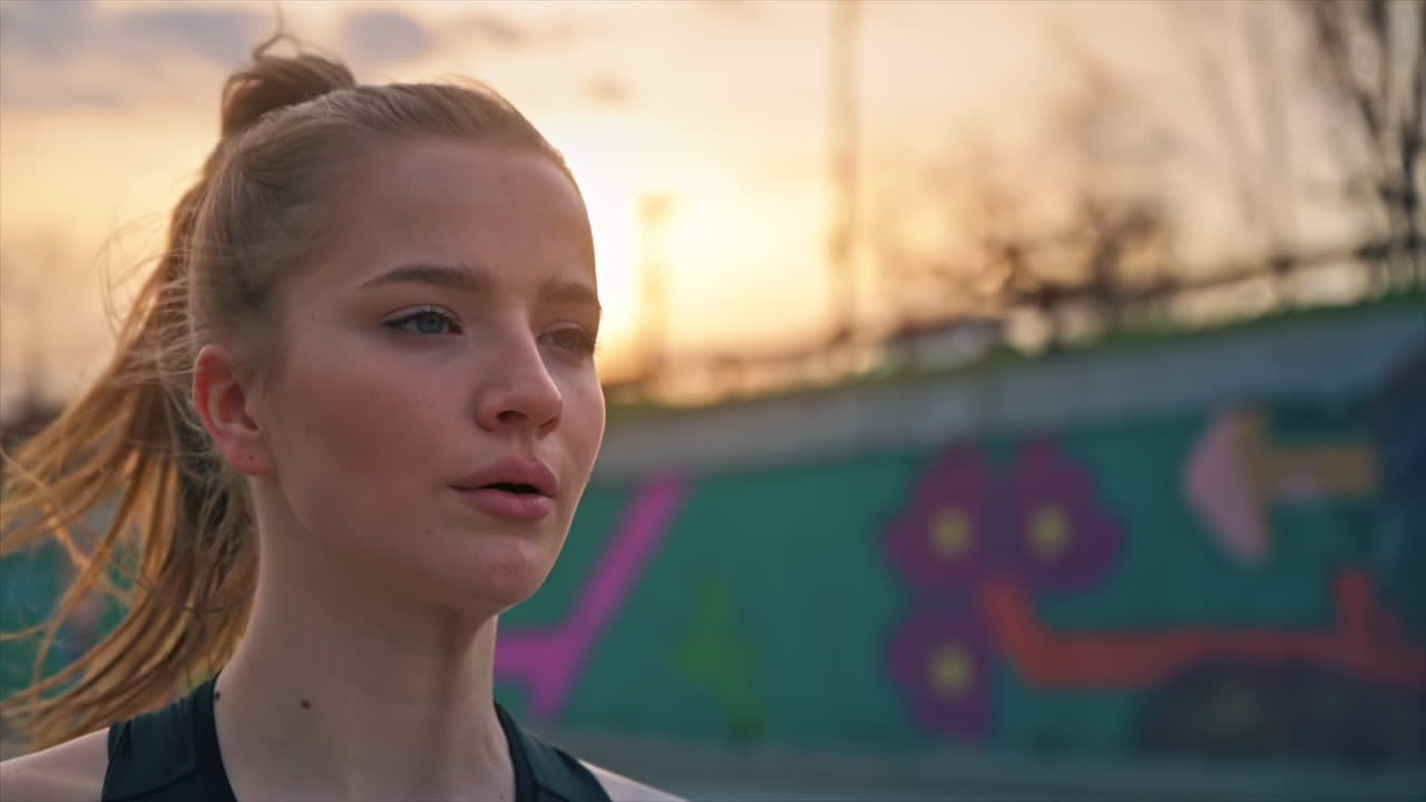 Young blonde woman in sportswear running on the road at outdoors training. Slow motion, sunset