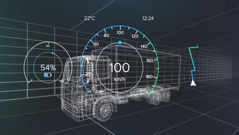 Animation-of-speedometer-over-electric-truck-project-on-navy-background