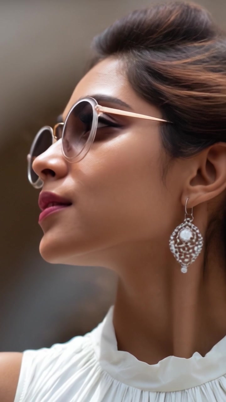 Giovane donna elegante con occhiali da sole e orecchini raffinati, che mostra un'espressione sicura e un abbigliamento alla moda, catturata in un momento di forza e stile.