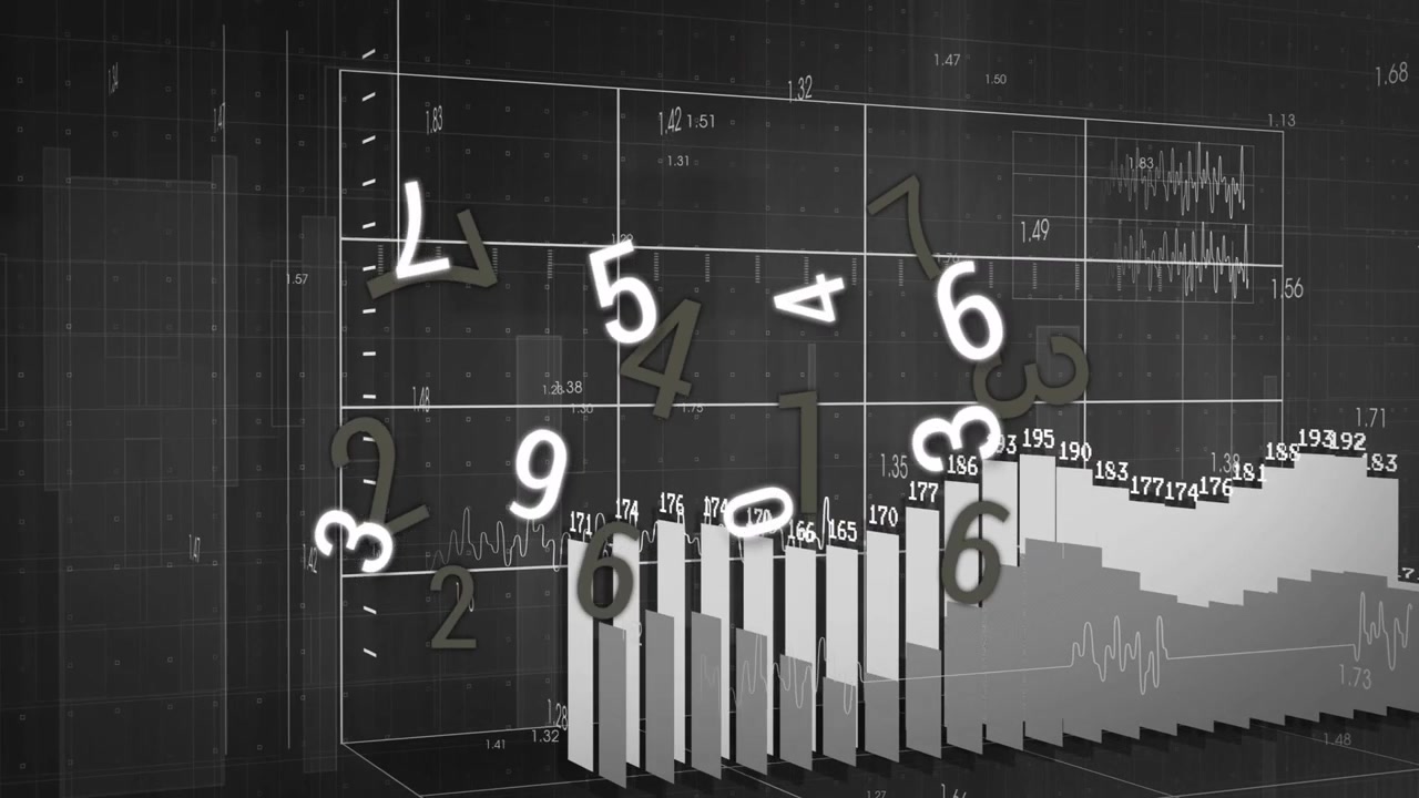 Glow initiating digits tumbling, bars rising in sequence, labels forming, visualizing data trend
