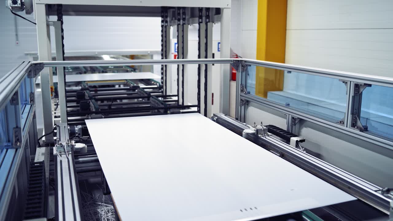 Interior of robotic plant. Modern automated equipment indoors. Process of making new details inside manufacturing plant.