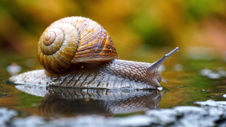 Close-up of a Snail Gliding Over a Reflective Surface, Showcasing Its Intricate Shell and Textured Body, Set Against a Softly Blurred Natural Background