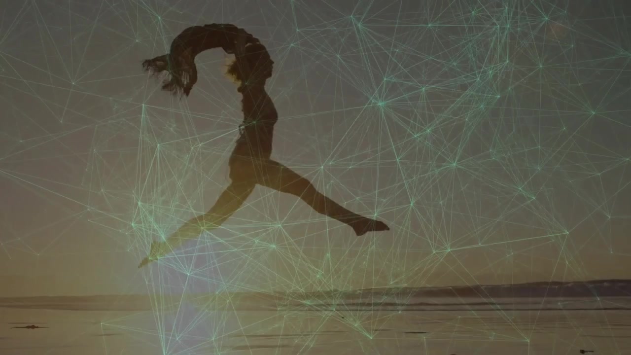 Dancer activating neon-green mesh overlay running with flowing fabric shore integrating technology