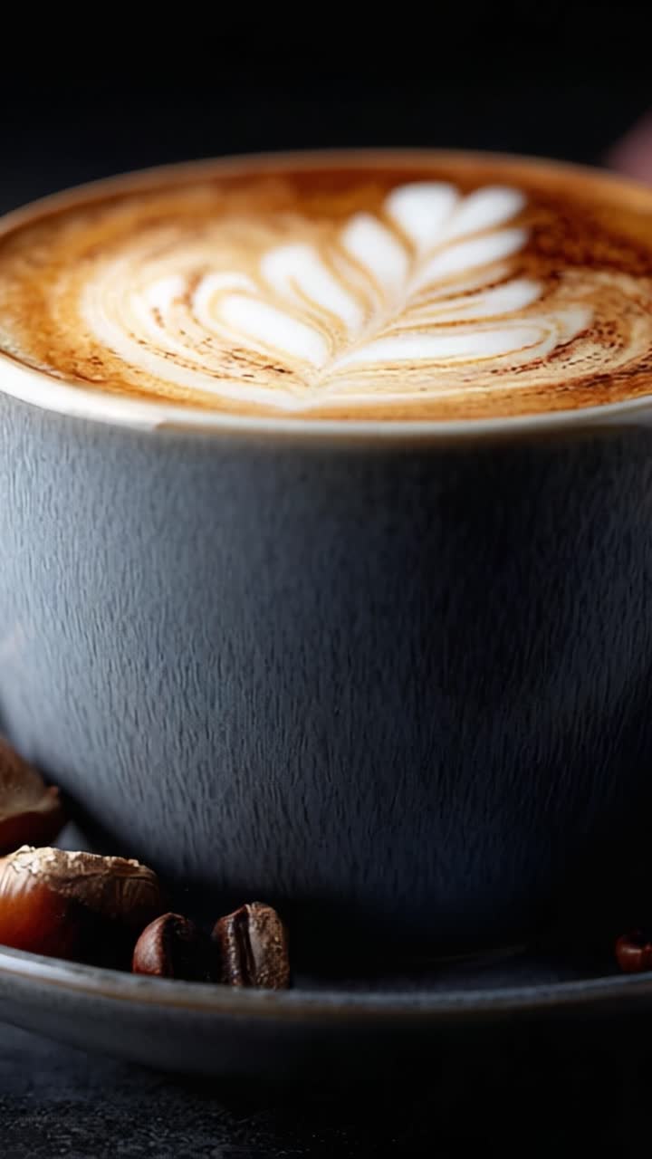 Splendida latte art in una tazza grigia con chicchi di caffè su un piattino, che mette in mostra le ricche texture e sfumature di questa deliziosa esperienza di bevanda