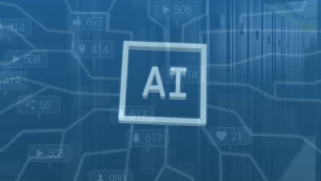 Animation of ai data processing and icons over computer servers