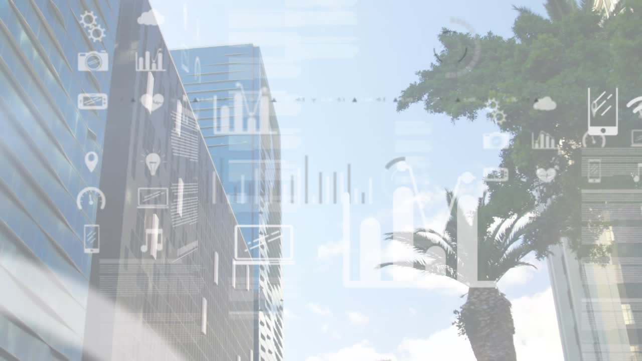 여러 아이콘의 애니메이션과 현대 건물에 대한 데이터베이스와 함께 거래 보드