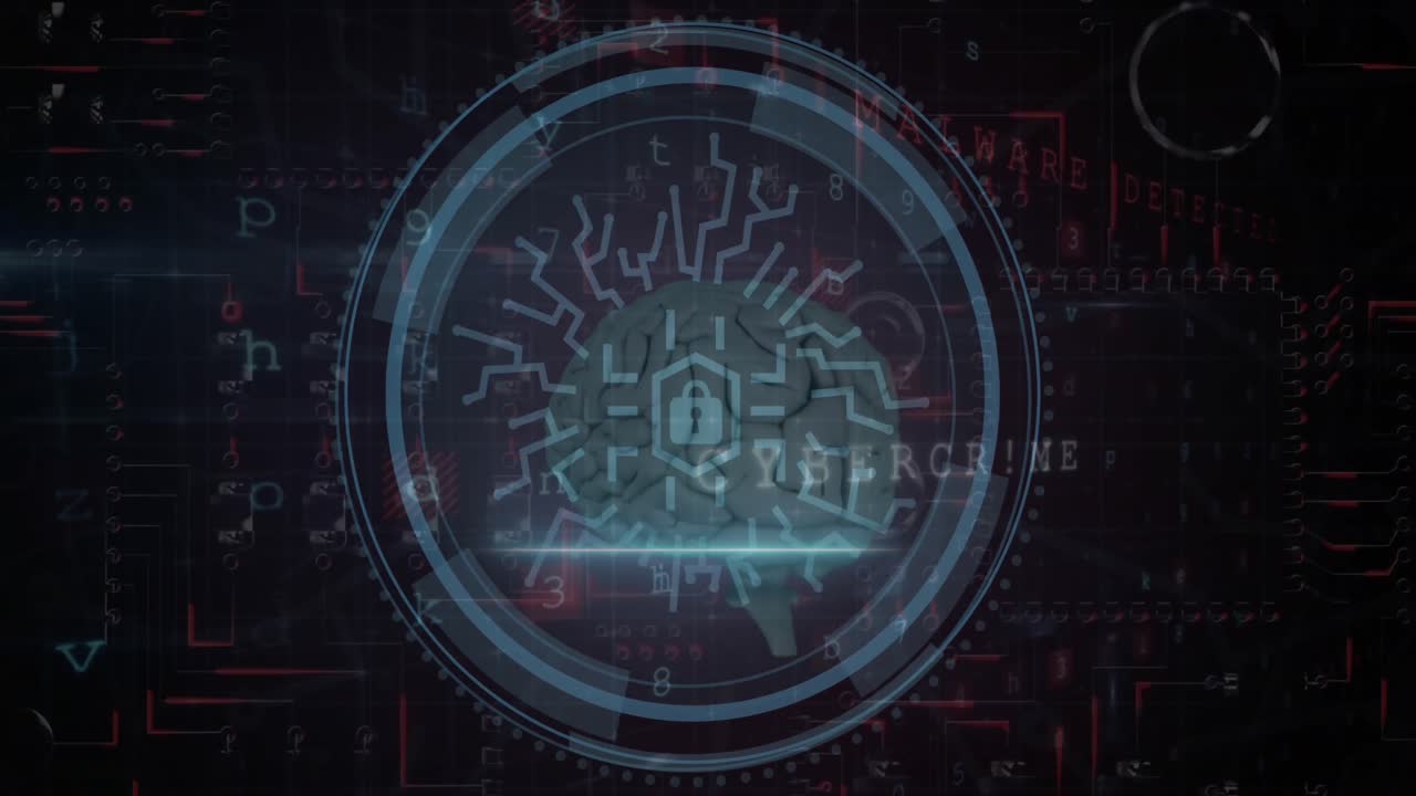 Animation of icons with digital brain and data processing on black background