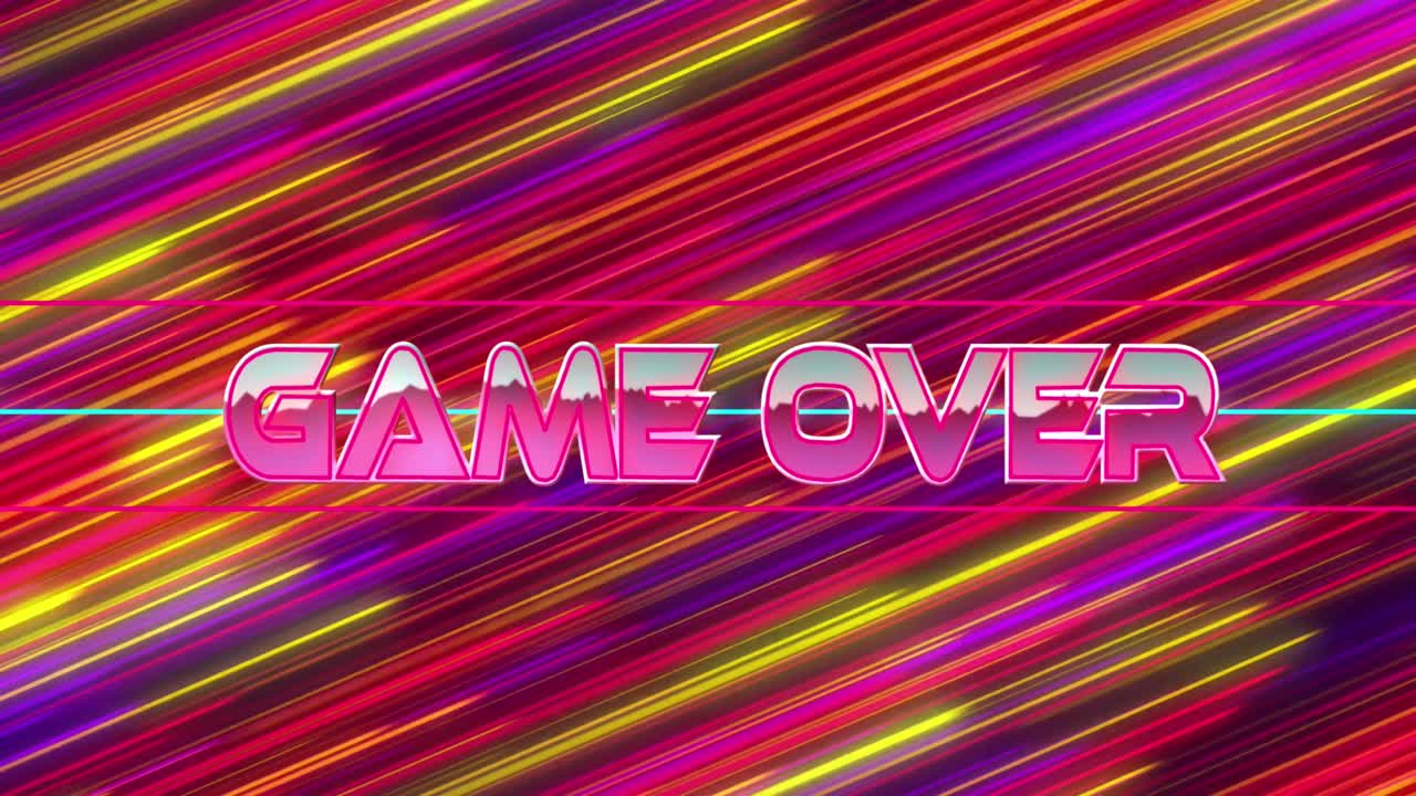 animación del juego sobre el texto sobre el estandarte de neón contra rastros de luz coloridos en un patrón sin costuras