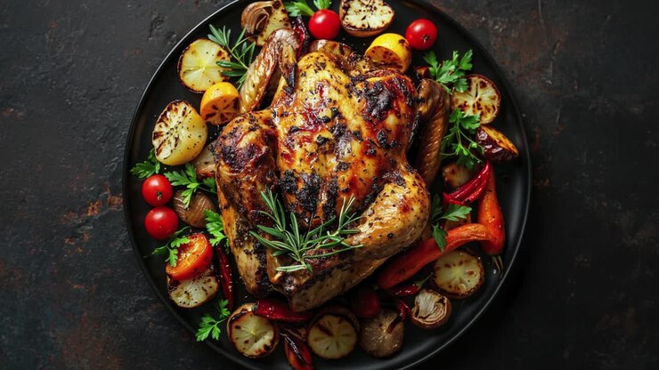 Pollo arrosto con verdure su piatto nero