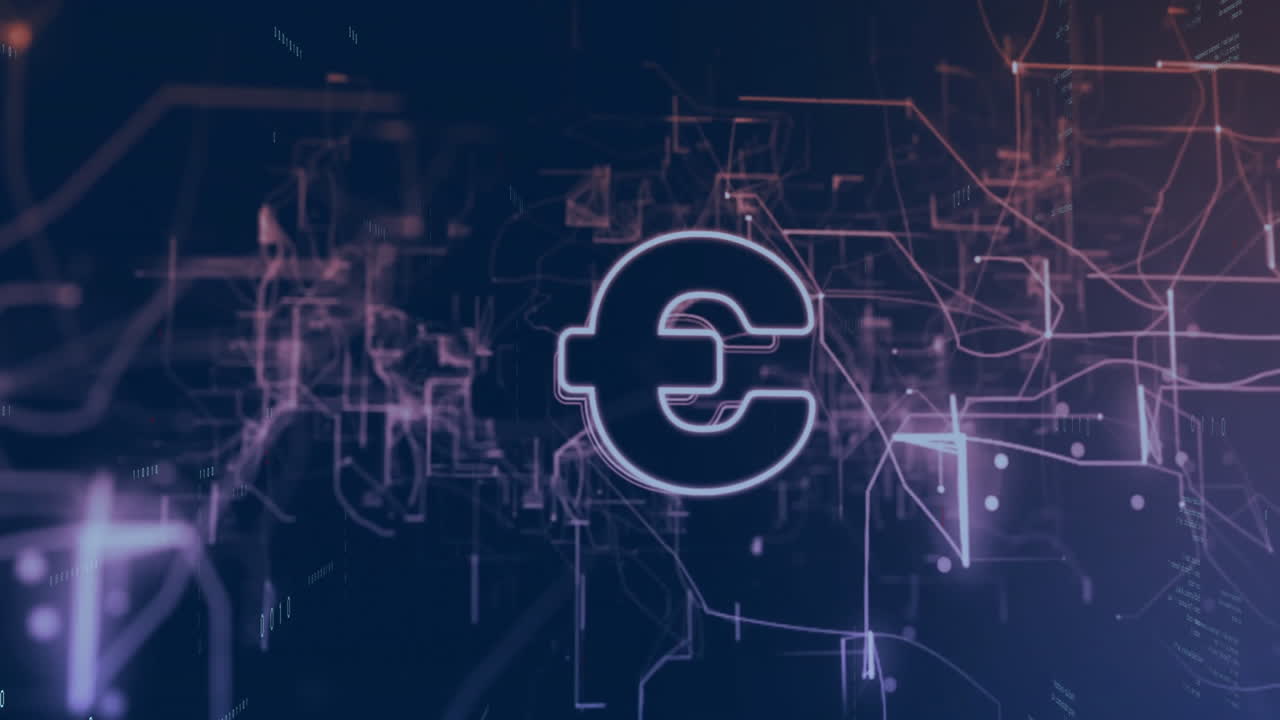Euro currency symbol glowing with digital network connections and animation effects