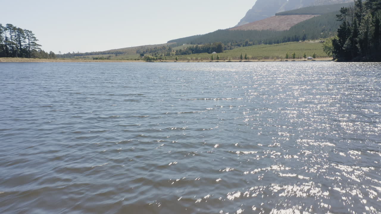 공중 전망 행복한 친구들이 호수에 있는 부두에서 뛰어내리며 즐겁게 물에  ⁇ 어서 여름 휴가에서 자유를 즐기고
