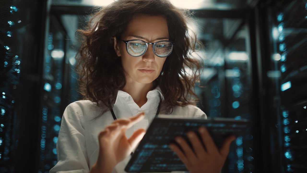 Un professionista concentrato analizza dati su un tablet in un data center ad alta tecnologia, mostrando competenza nella tecnologia e nella gestione delle informazioni