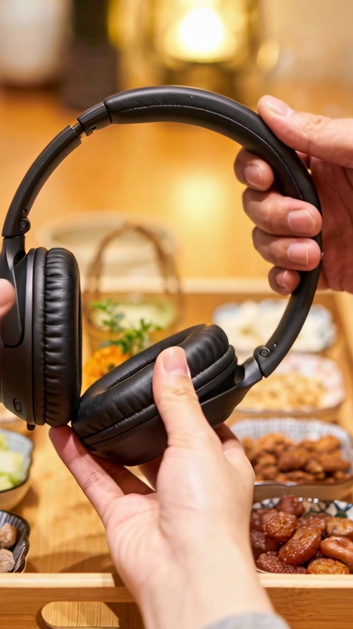 Video vertikal: Mengambil headphone, tangan memutar dan menyelaraskan bantalan telinga di nampan kayu, memeriksa kecocokan.