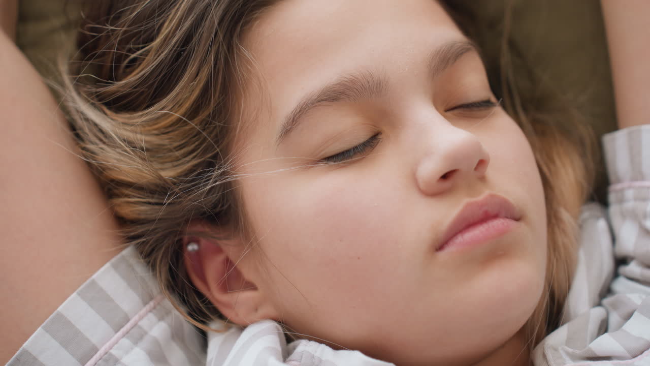 Rubbing Eyes White Girl Waking In Bed, Sleepy Hand Movement With Colorful Nails, Groggy Morning Gesture And Soft Bedding, Candid Domestic Moment For Lifestyle And Wellness Visuals
