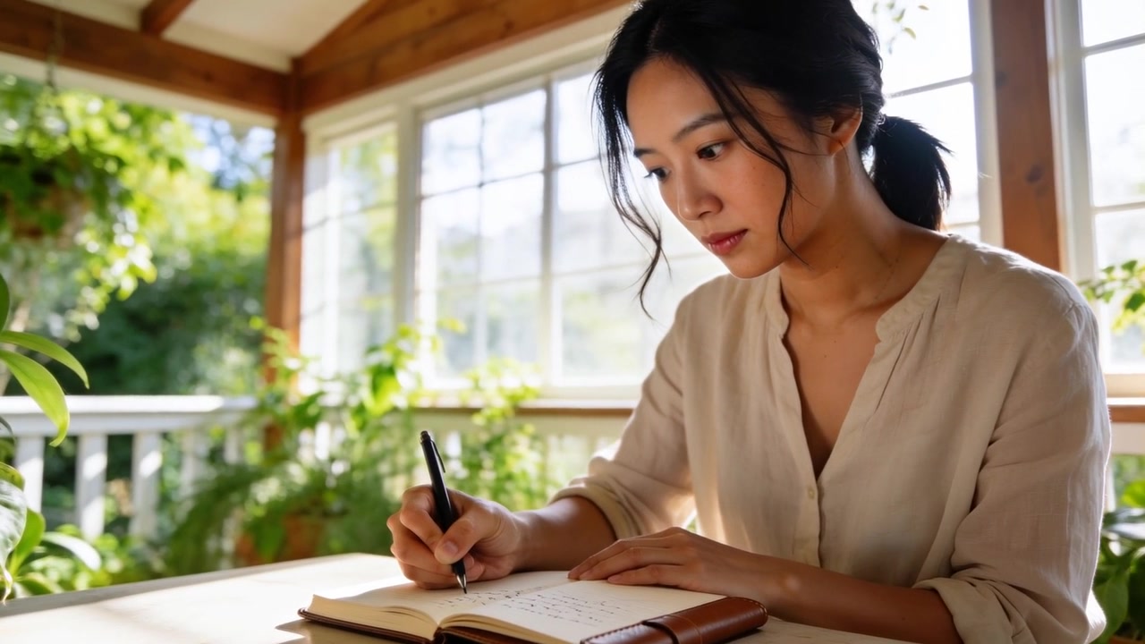 ベージュのブラウスを着たアジア人女性が、サンルームでペンを構え、革のジャーナルに書き込んでいる。