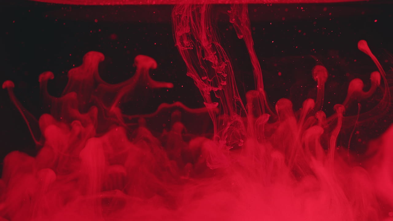 검은 물에 신비한 빨간 잉크 분산, 추상