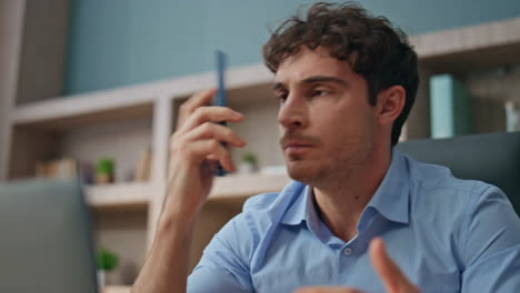 angry entrepreneur communicating smartphone closeup. nervous man shouting call