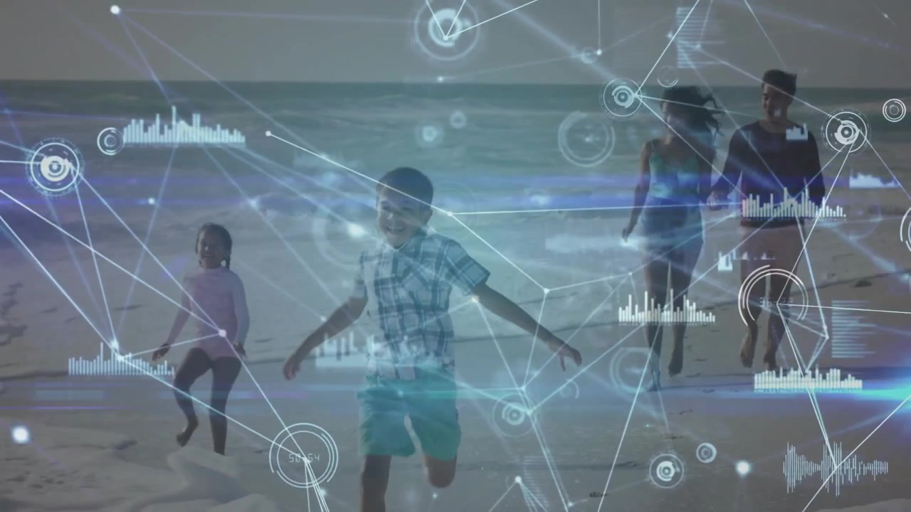 Family walking beach kids running urging adults jogging to keep pace, tech HUD rising over figures